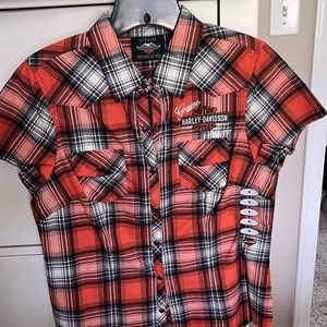 Harley Davidson Oil Can Plaid Short Sleeve Shirt Orange Sz M 99071-18VW